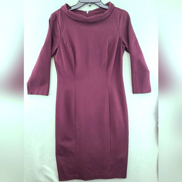 TALBOTS Women's Long Sleeve Collared Burgundy Sheath Dress - Size 2 - Picture 1 of 12